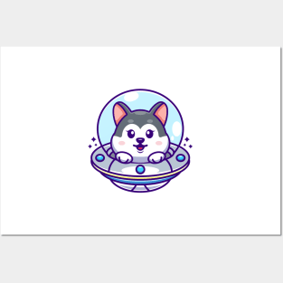 Cute husky flying with spaceship ufo cartoon Posters and Art